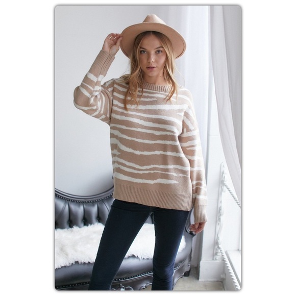 Tan and White Zebra Striped Sweater - Picture 7 of 8